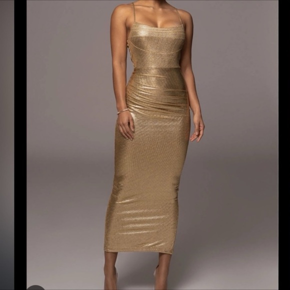 JLUXLABEL Bodycon Metallic Gold Maxi Dress, Fully Lined - Picture 2 of 16